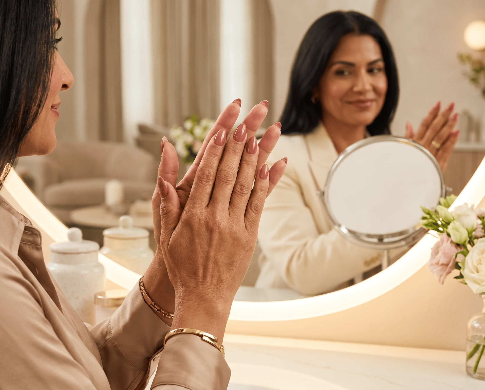Manicura de gel recién hecha en tono nude-marrón