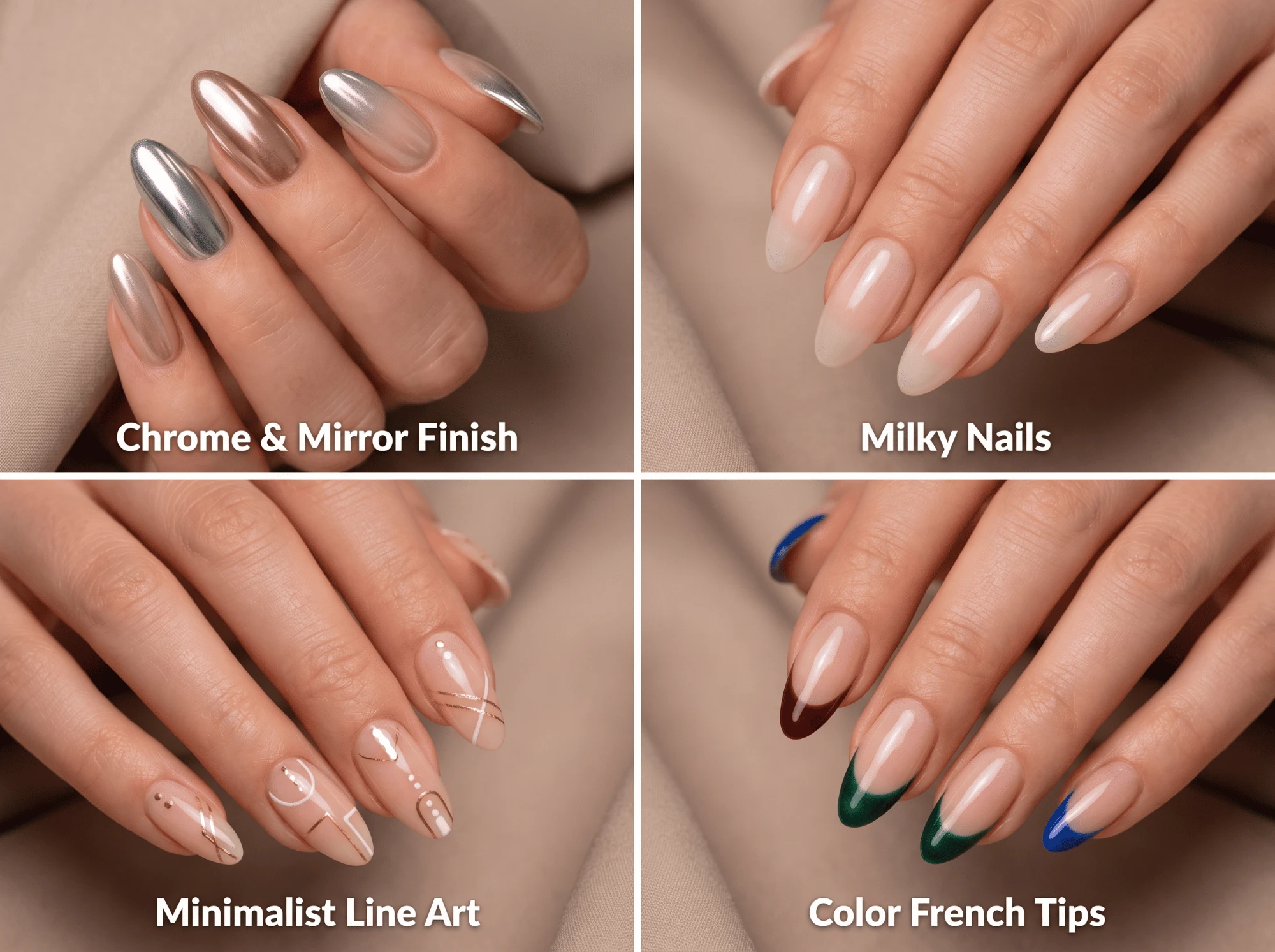 Cuatro estilos de tendencia de uñas: chrome, baño de leche, línea minimalista y francesa de color